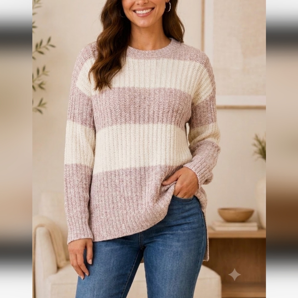 NWT Christopher & Banks Eco-Friendly Striped Knit Sweater Pink Cream Size L